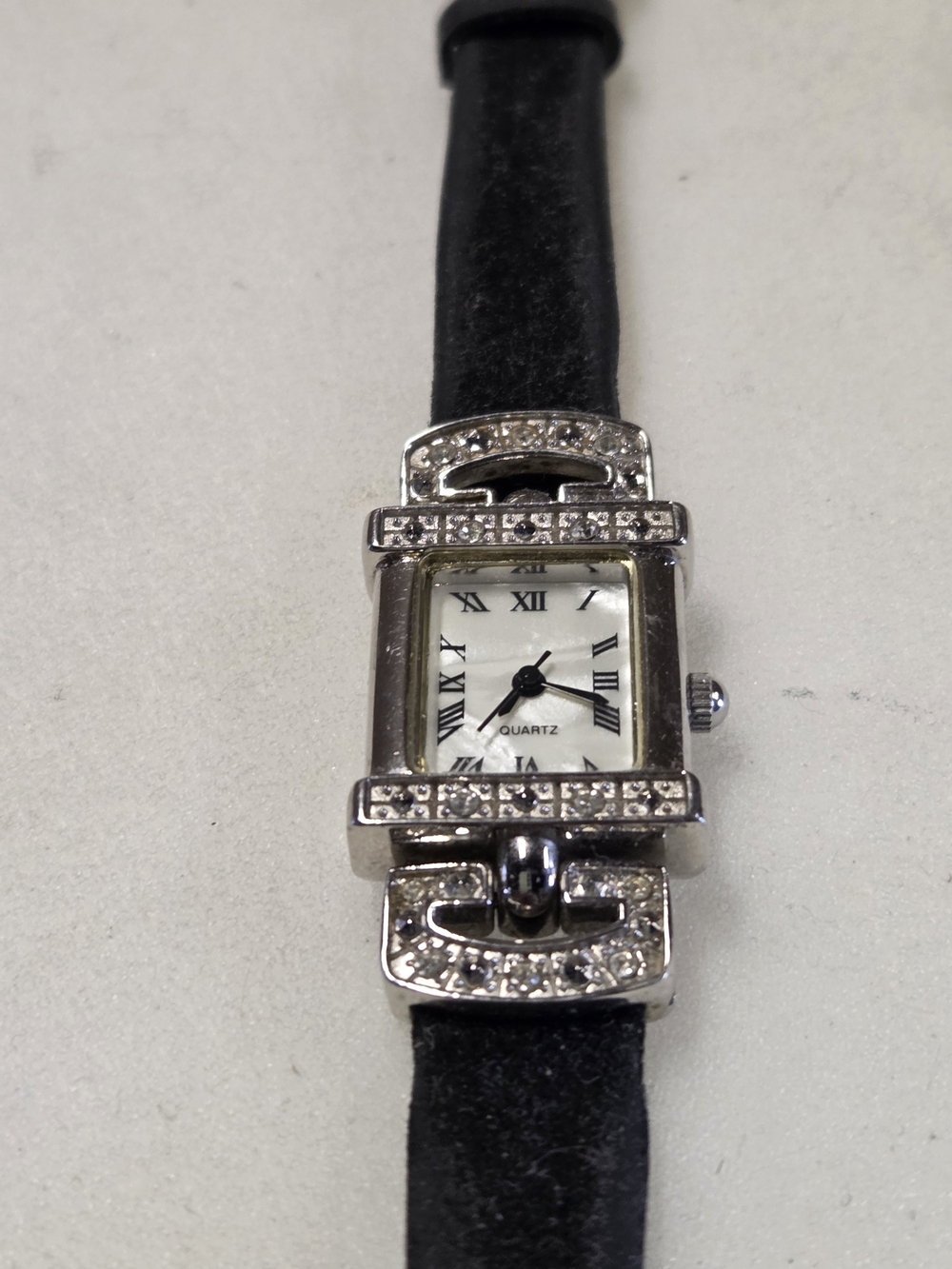 Crystal-Accent Silver Tone Women's Quartz Watch with Black Strap New Battery